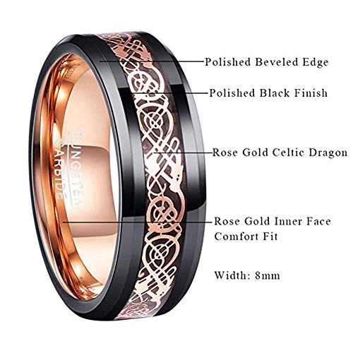 NUNCAD Men's Wedding Band 8mm Black Tungsten Carbide Ring Celtic Dragon Inlay Polished Finish Size 5-15 - color: B-Black & Rose Gold