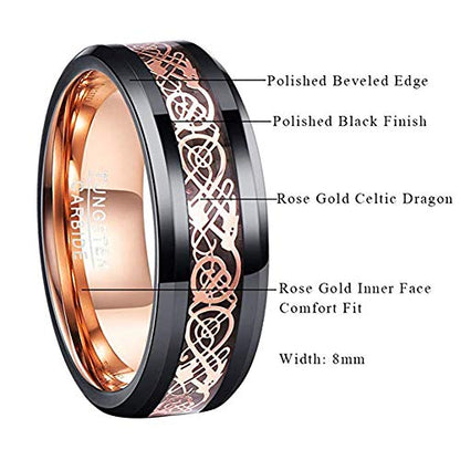 NUNCAD Men's Wedding Band 8mm Black Tungsten Carbide Ring Celtic Dragon Inlay Polished Finish Size 5-15 - color: B-Black & Rose Gold