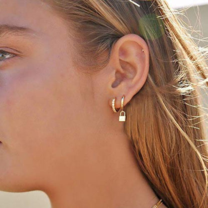 XYJZXY Gold Huggie Small Hoop Earrings with Charm Personalized Snake/Evil Eye/Star/Cross/Lock/Key 18k Gold Plated Crystal Drop Dangle Earrings for Women - style: Lock