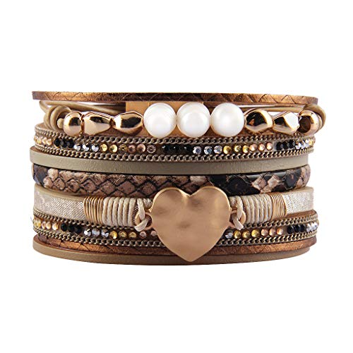 GelConnie Leather Wrap Bracelet Boho Cuff Bracelets Crystal Leather Bracelet Magnetic Multi Strand Bracelets Bohemian Bracelet Leather Wristbands Bangle Jewelry for Women Teen Wife Mother - color: Heart leather bracelet