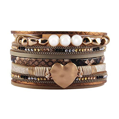 GelConnie Leather Wrap Bracelet Boho Cuff Bracelets Crystal Leather Bracelet Magnetic Multi Strand Bracelets Bohemian Bracelet Leather Wristbands Bangle Jewelry for Women Teen Wife Mother - color: Heart leather bracelet