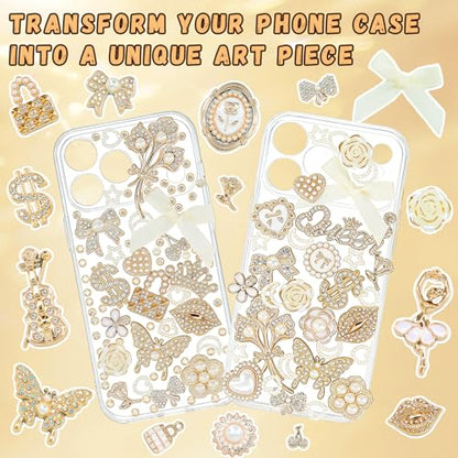 RidaaFri Junk Phone Case Kit Charms, Gold Flatback 3D Charms Set, | Big Charms with Pearls Rhinestone Gems Butterfly Bow Heart for DIY Case Craft Accessories, Phone Supplies for Women Adult - color: Gold
