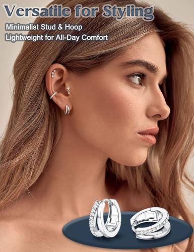 ADRAMATA Hypoallergenic Gold Earrings Stack for Women - 7Pairs Surgical Steel Small Chunky Huggie Hoops & Flat Back Stud Earrings Set Silver Cartilage Jewelry Trendy Christmas Gifts - style: Stylish - Silver