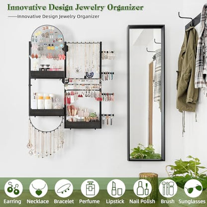 Keebofly Wall Mount Hanging Jewelry Organizer - Large Display Holder for Earrings, Rings, Necklaces, Bracelets, Watches and Perfume - Black - color: Black