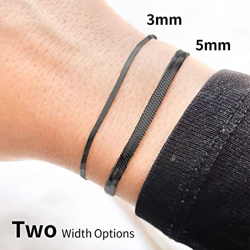 ChainsHouse Stainless Steel Herringbone Flat Chain Bracelets for Women,18K Gold/Rose Gold/Black Metal Paperclip/Snake/Cuban/Figaro Sterling Silver Link Charm Bracelet, 16+5cm Adjustable, With Gift Box - color: g. herringbone-black-3mm