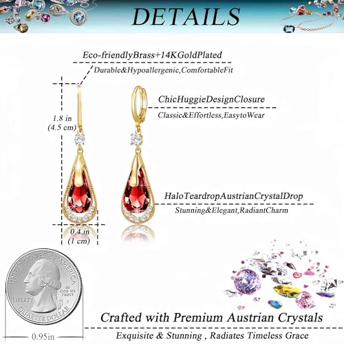 Trendy Austrian Crystal Teardrop Drop Huggie Dangle Earrings for Women 14k Rose Gold Plated Hypoallergenic Jewelry Gifts - color: Red