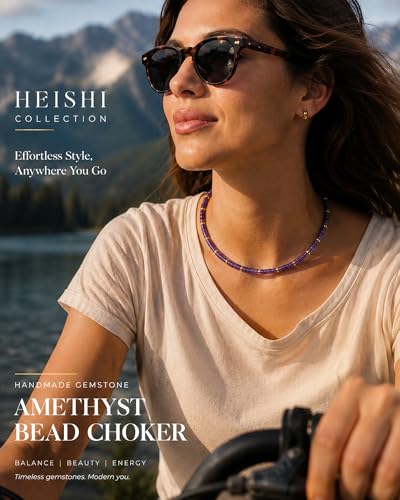 Natural Heishi Gemstone Choker Necklace for Women, Adjustable 15"+2" Beaded Layering Necklace, Coastal Beach Jewelry Gift for Her - color: Amethyst