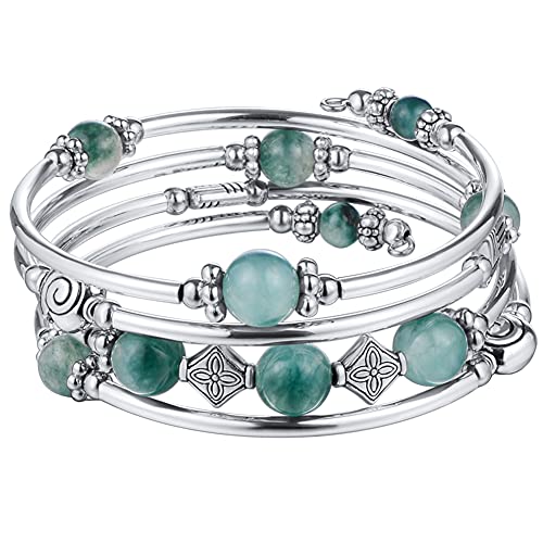 Beaded Pearl Bangle Wrap Bracelet - Fashion Bohemian Jewelry Multilayer Charm Bracelet with Thick Silver Metal Beads, Gift For Women - color: Jade Green