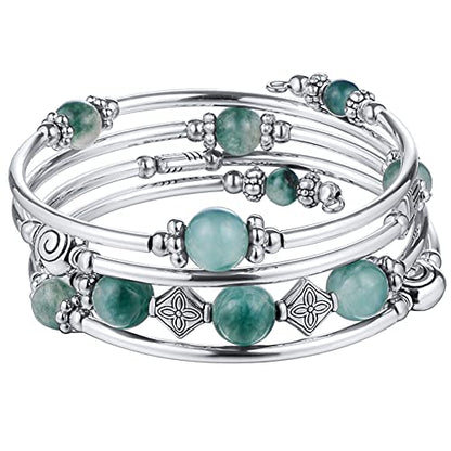 Beaded Pearl Bangle Wrap Bracelet - Fashion Bohemian Jewelry Multilayer Charm Bracelet with Thick Silver Metal Beads, Gift For Women - color: Jade Green