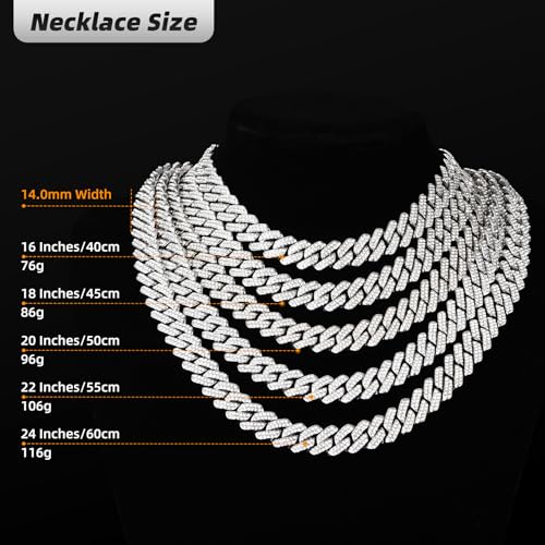 Mens Cuban Link Chain Iced Out Cuban Necklace 18K Gold & Silver Plated Chain For Men Women 14mm Hip Hop Jewelry - color: Silver, size: 22Inches