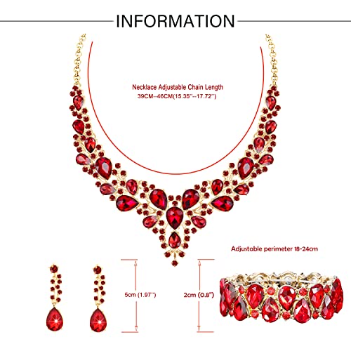 Rhinestone Bridal Jewelry Sets for Women Crystal Necklace Earrings Bracelet Set Silver-Tone Wedding Bridal Bridesmaid Gifts fit with Wedding Dress - color: B:3pcs-Red Tone Necklace + Earrings + Bracelet set