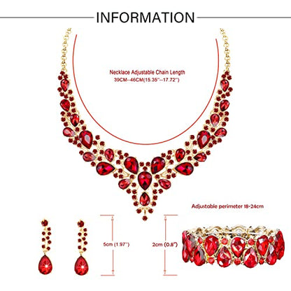 Rhinestone Bridal Jewelry Sets for Women Crystal Necklace Earrings Bracelet Set Silver-Tone Wedding Bridal Bridesmaid Gifts fit with Wedding Dress - color: B:3pcs-Red Tone Necklace + Earrings + Bracelet set