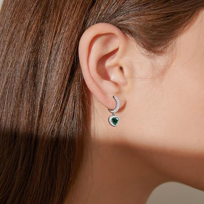 Heart Hoop Earrings with Dangle Sterling Silver Love Heart-Shaped Loop Earrings for Women Hypoallergenic Sparkle Birthstone Cubic Zirconia Hoop Earring with Dangling Charms Dainty Fashion Jewelry Gift - color: Green