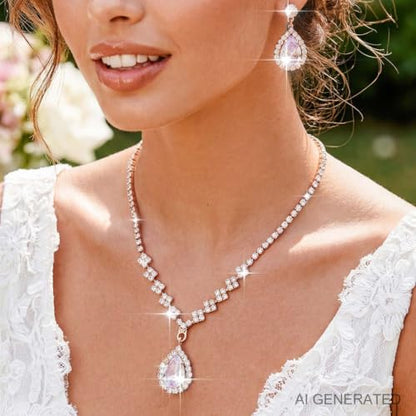 JAKAWIN Clip On Earrings and Necklace Set Silver Rhinestone Jewelry Sets - color: 4 Rose Gold