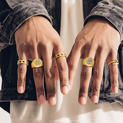 GoldChic Jewelry Personalized Signet Rings Men Women, Stainless Steel Custom Photo Bold Square/Oval Monogram/Old English Initial Pinky Stacking Statement Ring in Black/Silver/Gold (Size 7-14) - color: Gold-Initial -Round