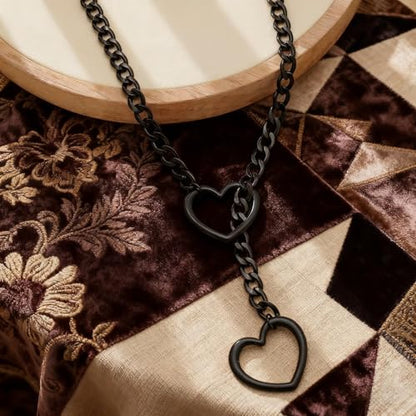 Slip Chain Choker for Women Handmade Black Stainless Steel Cuban Chain Chunky Moon Bat Raven Skull Pendant Gothic Punk Rock Collar Adjustable Lariat Y Necklace for Men - style: Black heart