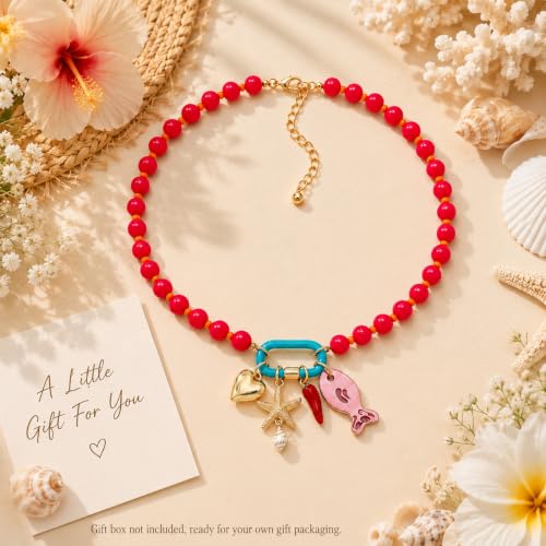 LIU JUN Colorful Beaded Necklace for Women, Chunky Boho Fish Starfish Conch Pendant Acrylic Bead Necklaces Cute Y2K Summer Beach Jewelry Gifts - color: Red