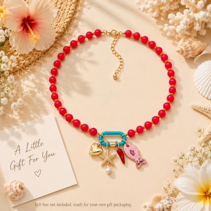 LIU JUN Colorful Beaded Necklace for Women, Chunky Boho Fish Starfish Conch Pendant Acrylic Bead Necklaces Cute Y2K Summer Beach Jewelry Gifts - color: Red