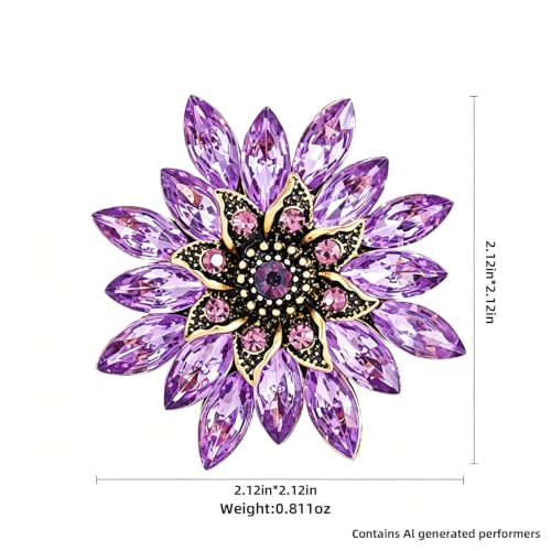 Crystal Flower Brooch Pin for Women Rhinestone Floral Lapel Jewelry - color: Purple