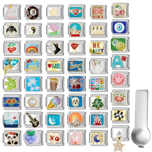 Stainless Steel Italian Charm Bracelet, 18 Link Starter Bracelet 9mm Charms | Italian Charm Bracelet with 9Pcs/20Pcs Charms and Opening Tools, Classic 9mm Modular Charm, Personalized Jewelry Gift - color: Random 20Pcs Silver