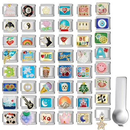 Stainless Steel Italian Charm Bracelet, 18 Link Starter Bracelet 9mm Charms | Italian Charm Bracelet with 9Pcs/20Pcs Charms and Opening Tools, Classic 9mm Modular Charm, Personalized Jewelry Gift - color: Random 20Pcs Silver