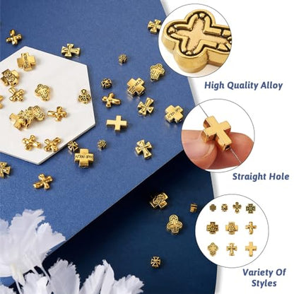 Craftdady 100 Pcs Tibetan Cross Beads - 10 Style Retro Alloy Crucifix Beads with Antique Golden Cross Spacers and Holy Charms for Jewelry Crafts - color: Antique Golden Cross