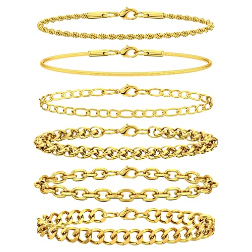 6PCS Stainless Steel Bracelets for Men Women, Silver Gold Black Cuban Link Rope Snake Wheat Chain Paperclip Figaro Jewelry Set, 7/8/9 Inches - color: Gold, size: 9 inches