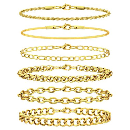 6PCS Stainless Steel Bracelets for Men Women, Silver Gold Black Cuban Link Rope Snake Wheat Chain Paperclip Figaro Jewelry Set, 7/8/9 Inches - color: Gold, size: 8 inches