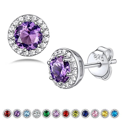 Bestyle Sparkling 925 Sterling Silver Birthstone Stud Earrings for Women, Heart/Round/Teardrop/Square Solitaire Diamond Studs Earrings, Great Birthday/Christmas Gifts - style: 02. Purple Amethyst-Feb.-round