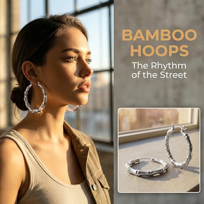 PAGOW 3 Pairs Large Bamboo Earrings, Silver Plated Hoop Bamboo Earrings | Round Hoop Y2K Earrings, Hypoallergenic 80s 90s Shiny Hip Hop Earring Hoops for Women Jewelry Party - 3 Sizes - color: silver,hoop 3 sizes