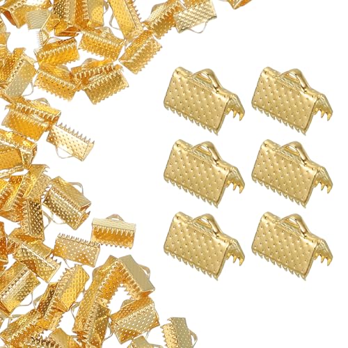 uxcell 200Pcs Ribbon Ends, 10mm Ribbon Crimp Clamp End Bookmark Leather Pinch Crimps Cord Ends, Foldable Clasps Crimp End for Necklace Bracelet DIY Craft Making, Gold - color: Gold, size: 10mm
