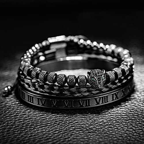 3pcs/set Classical Handmade Braiding Bracelet Hip Hop Men Pave CZ Leopard Head Roman Numeral Bracelet Stainless Steel Jewelry - color: 3pcs A Black Set A