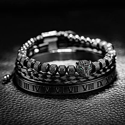 3pcs/set Classical Handmade Braiding Bracelet Hip Hop Men Pave CZ Leopard Head Roman Numeral Bracelet Stainless Steel Jewelry - color: 3pcs A Black Set A