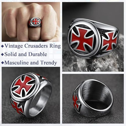 FaithHeart Mens Stainless Steel Crusader Jerusalem Cross Ring with 18K Gold Plated Two Tone Ring Size 7,8,9,10,11,12 - color: 01. Cross-Silver