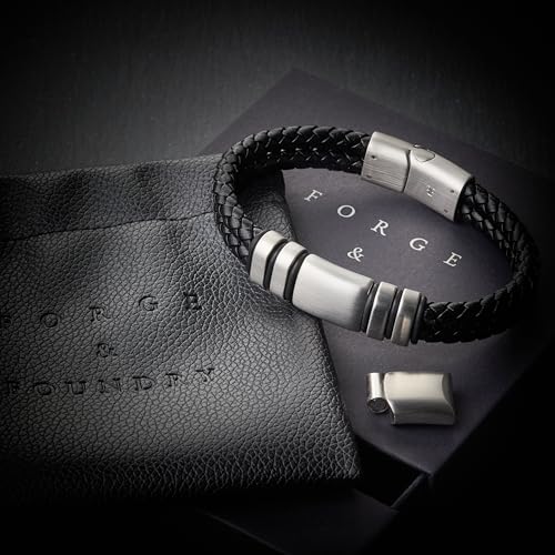 Forge & Foundry Men's Adjustable Black Leather Bracelet | Genuine Woven Leather with Snap Clasp | Design-Led, Artisan Jewelry from London [Navarro] - color: Silver - Double Strand, size: Medium