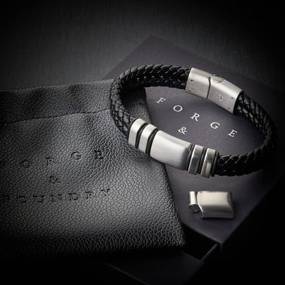 Forge & Foundry Men's Adjustable Black Leather Bracelet | Genuine Woven Leather with Snap Clasp | Design-Led, Artisan Jewelry from London [Navarro] - color: Silver - Double Strand, size: Medium