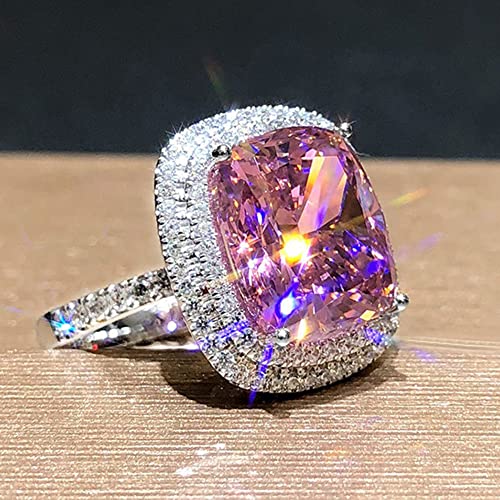 18K Gold Plated Princess Cut Pink Crystal Silver Ring with AAA White Cubic Zirconia Full Diamond Ring CZ Eternity Engagement Wedding Band Ring for Women Size 6-10 - color: 9