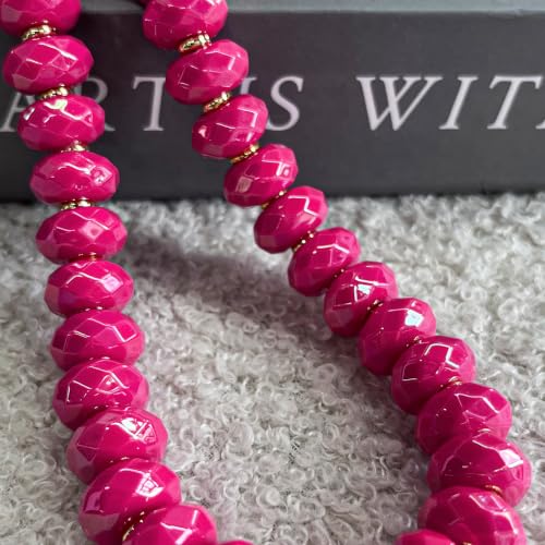 Colorful Chunky Acrylic Beaded Choker Necklaces for Women | Multicolor Faceted Beads, Sturdy Metal Chain, Adjustable Detachable, Lightweight, Summer Boho, Sparkly Statement Jewelry Gift - color: Rose Red