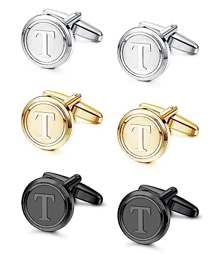 LOLIAS 3 Pairs Initial Cufflinks for Men Classic Mens CuffLinks Set Letter | Cuff Links for Casual to Formal with Gift Box Silver Black 14K Gold Plated Cufflinks for Father Husband Groom Groomsmen Gift - style: Letter T