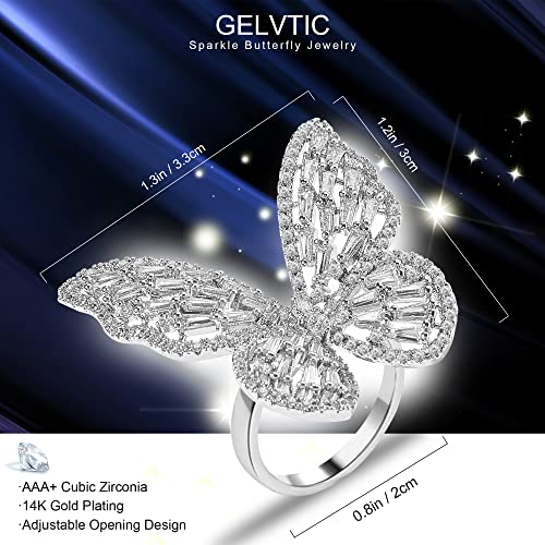 Butterfly Rings for Women Adjustable Golden Cocktail Ring Sparkly Stones Statement Silver Bow Open Wrap Bow Jewelry Bridesmaids Wedding Valentine’s Day Gift Lover Mother - color: JZ03-Silver