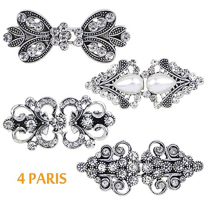 4pcs Antique Silver Rhinestone Sweater Swirl Clips Vintage Flower Cape Cloak Clips Cardigan Shawl Collar Clasp Dress Shirt Brooch Clips for Women
