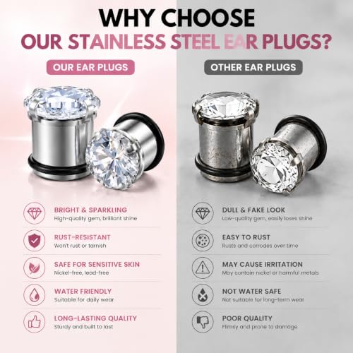 YOFANST 6pcs-12pcs Stainless Steel Clear Black Zircon Ear Tunnels Clear CZ Ear Stretcher Expander Piercing Diamond Gauge Plugs Set 8g-5/8 inch - color: 4pcs, 6g(4mm)