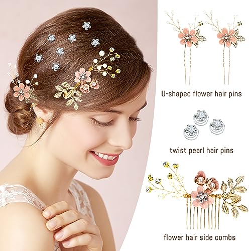 Cinaci 18 Pieces Bridal Wedding Party Prom Pearl Rhinestone Pink Flower Hair Side Combs Slides+U-shaped Flower Hair Pins+Twist Spiral Hairpins Floral Headpieces for Brides Bridesmaids Women Girls - color: Pink
