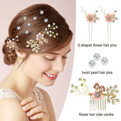 Cinaci 18 Pieces Bridal Wedding Party Prom Pearl Rhinestone Pink Flower Hair Side Combs Slides+U-shaped Flower Hair Pins+Twist Spiral Hairpins Floral Headpieces for Brides Bridesmaids Women Girls - color: Pink
