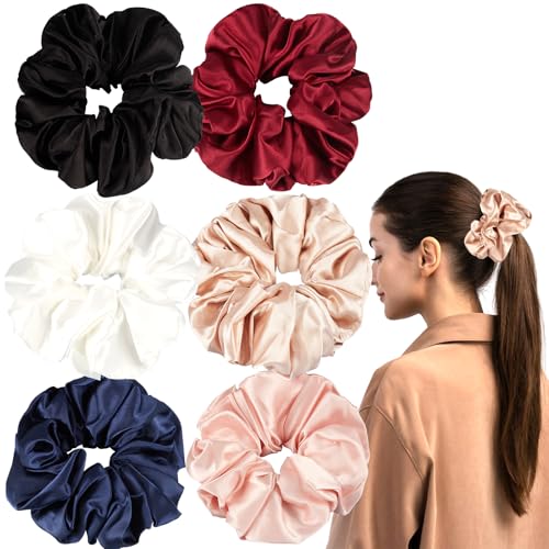 Large Silk Scrunchies for Women - 6PCS Satin Hair Ties Oversized, No Damage Hair Bands Gentle for Thick/Long Hair, Soft & Comfortable for Sleeping, Gym, Travel (Red/Black/Brown)
