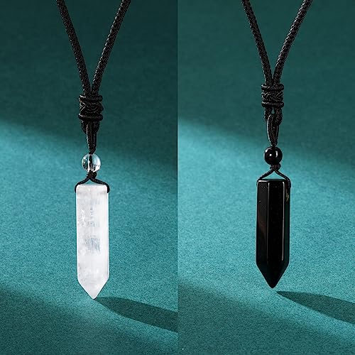 Top Plaza Healing Crystal Stone Necklaces for Men Hexagonal Pendant Necklaces Adjustable Braided Rope Natural Gemstone Necklace Jewelry Christmas Gift for Dad, Husband - color: Clear Quartz+Black Obsidian