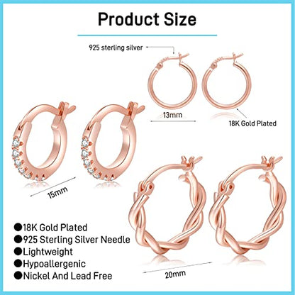 PABBEU 925 Sterling Silver Small Hoop Earrings Set for Women Hypoallergenic | 3Pairs Cubic Zirconia Small Huggie Hoop Earrings Set 13/15/20mm,Nickel-Free Lightweight Comfortable Sleeper Earrings Gift Set - color: 13/15/20mm HMT Rose Gold