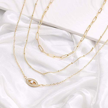 Turandoss Dainty Layered Choker Necklace, Handmade Y Pendant Necklace Multilayer Bar Disc Necklace Adjustable Layering Choker Necklaces for Women - style: 3PCS - Link Chain&Beads Chain&CZ Evil Eye