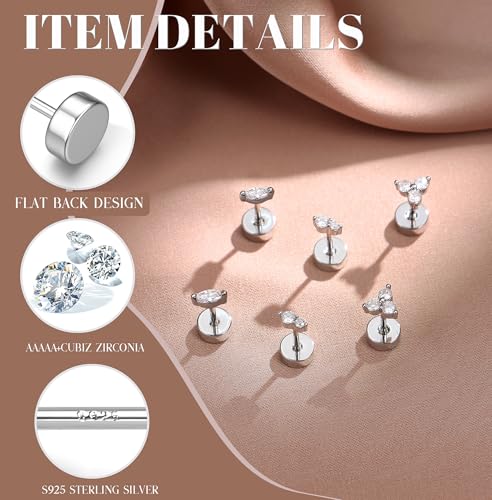 14K Gold Plated 925 Sterling Silver Flat Back Earrings Set | Hypoallergenic Cartilage Helix Conch Tragus Piercing Jewelry 3 Pairs Small Screw Dainty CZ Opal Earring Set Men Women - color: Silver, Style C