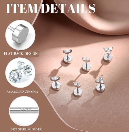 14K Gold Plated 925 Sterling Silver Flat Back Earrings Set | Hypoallergenic Cartilage Helix Conch Tragus Piercing Jewelry 3 Pairs Small Screw Dainty CZ Opal Earring Set Men Women - color: Silver, Style C